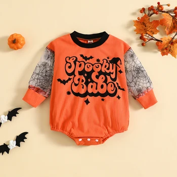 2023-06-25 Lioraitiin 0-24M Baby Boy Girl Halloween Bodysuit Očesa Dolgimi Rokavi, okoli Vratu Pismo Tiskanja Jumpsuit Novorojenčka Oblačila
