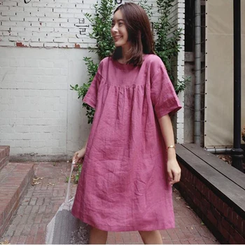 Johnature korejski Priložnostne Koleno Dolžina Obleke Za Ženske 2023 Poletje Nova Barva O-vratu Preprost Svoboden Ženske Obleke