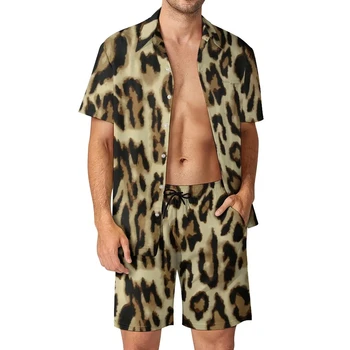Leopard Majica 2Pcs Določa 3D Tiskanih Moških Priložnostne Moda Kratke Rokave Srajce Prevelik Plaža Hlače Hawaiian Ulične Obleke