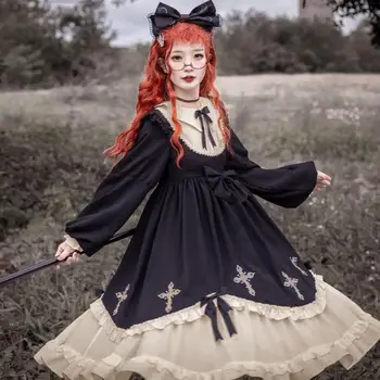 Lolita Black Gothic Rose Obleko Zvezdnato Noč Križ Ženske Obleke Op Lutka Ovratnik Krilo Lok Devil Serije Cosplay Kostumi