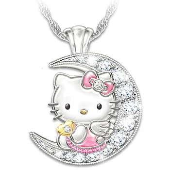 Moda Anime Hello Kitty Ogrlica Ženske Luna Vdelan Diamant Kristalni Nakit Srčkan Cartoon Živali Obesek Rojstni Dan Darilo