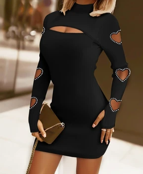Moda Obleke za Ženske 2023 Jeseni Izruga Vratu Dolg Rokav Votlo Srce Beaded Izrezanka Priložnostne Elegantna Mini Bodycon Obleko