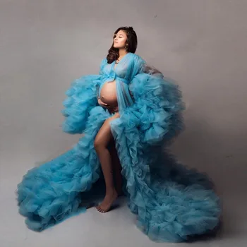 Modra Zabuhle Til Nosečnosti Obleko Fotografijo Ustrelil Ruffle Očesa Porodniškega Obleko Baby Tuš Ženske Haljo z Rokavi Lok Dolgi Vlak