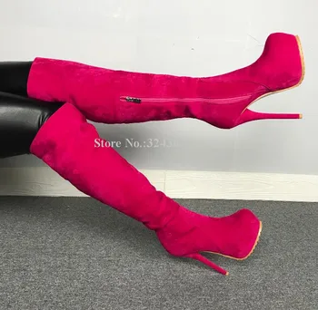 New Rose Red Antilop Bližini Kolena In Škornji Gospa Moda Krog Toe Platforma Dolgo Škornji Ženske Resnično Fotografije Zimske Čevlje Dropship
