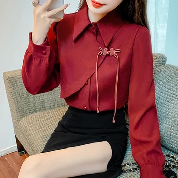 Novi Kitajski žensk clothingChinese slog shir jeseni andwinterthickened rdeča majica 2024 nova zasnova gumb gor lep vrh
