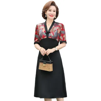 Retro korejski mozaik Ženske Poletje obleko Priložnostne Elegantne Dame Tiskanja Kratek Rokav Proti vratu Obleke Ženska srednje dolg Vestidos