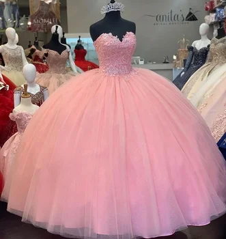 Roza Žogo Obleke Quinceanera Obleke Vestidos De 15 Anos Aplicirano Beaded Til Formalno Princesa Rojstni Dan Plus