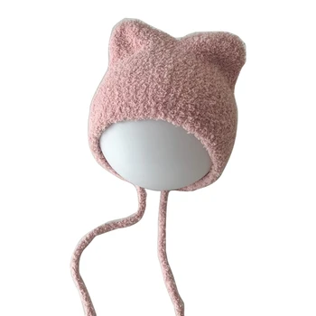 Toplo Kapo Lep Mačje Uho Baby Bonnet Toddlers Uho Zaščite Klobuk z Brado Vezani Načrta za Hladno Dan Nošenje