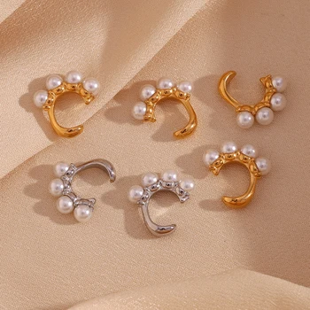 Štiri pearl J-oblikovan uho posnetke Prešitih Srebrne Barve iz Nerjavečega Jekla 316L Nakit 18K pozlačeni Žensk Uhan